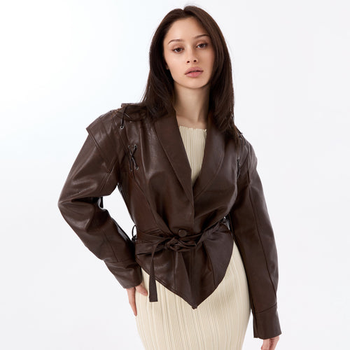 Elegant leather blazer for women with a fitted cut and unique tie belts Lune London