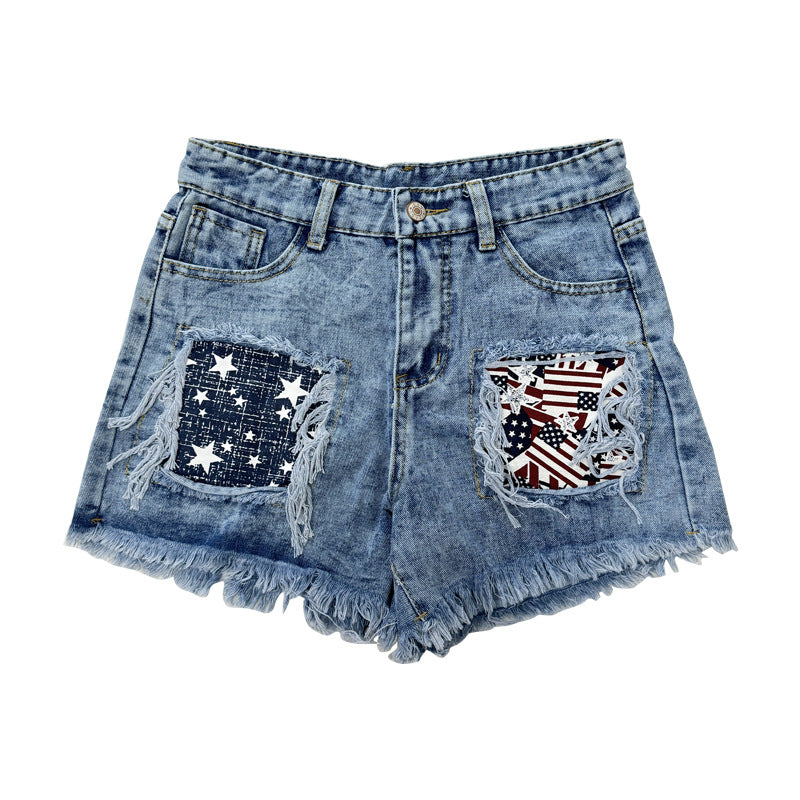 Women Destroyed Denim Shorts with frayed pockets and trendy patches Lune London