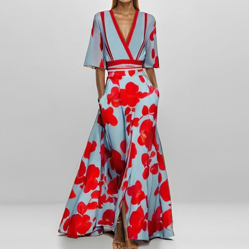 Chic und Stil | Elegant V-Neck Printed Waist Dress with Peplum