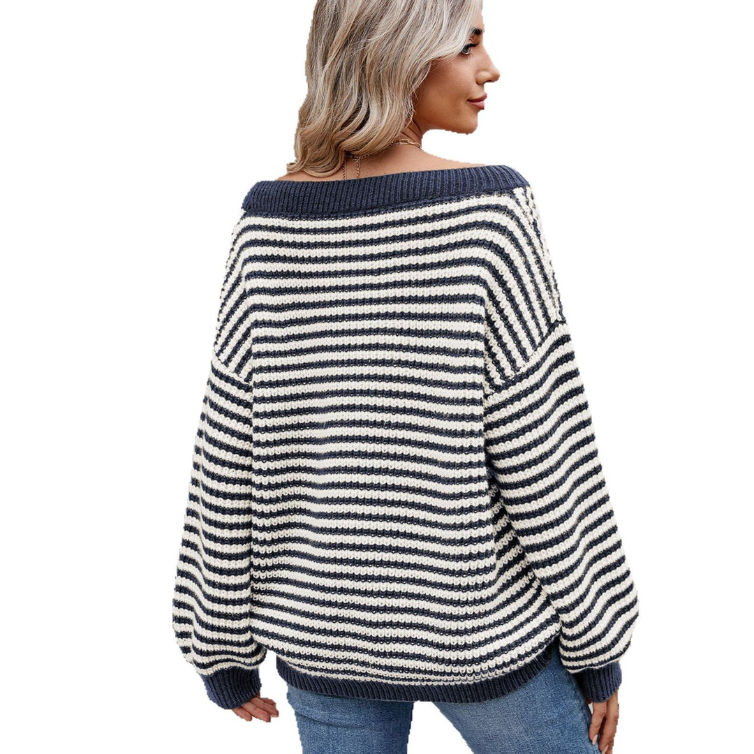 Round neck knitted sweater for ladies with off-shoulder design and striped pattern Lune London