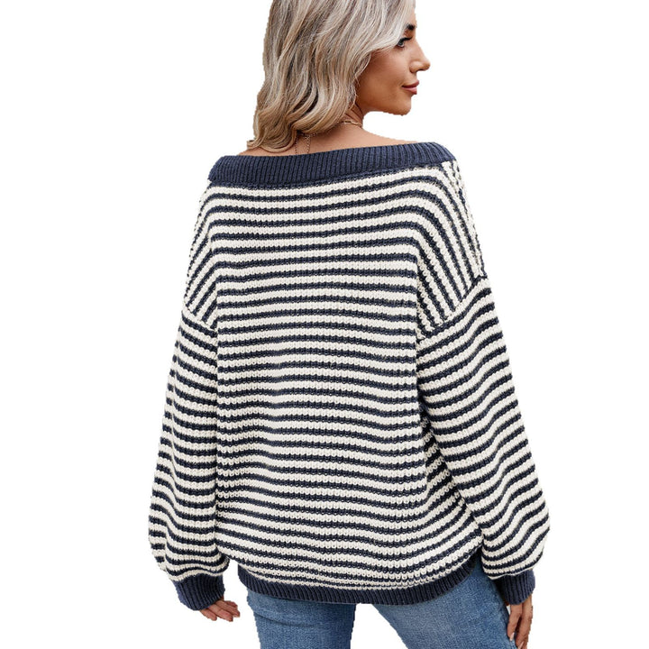 Round neck knitted sweater for ladies with off-shoulder design and striped pattern Lune London