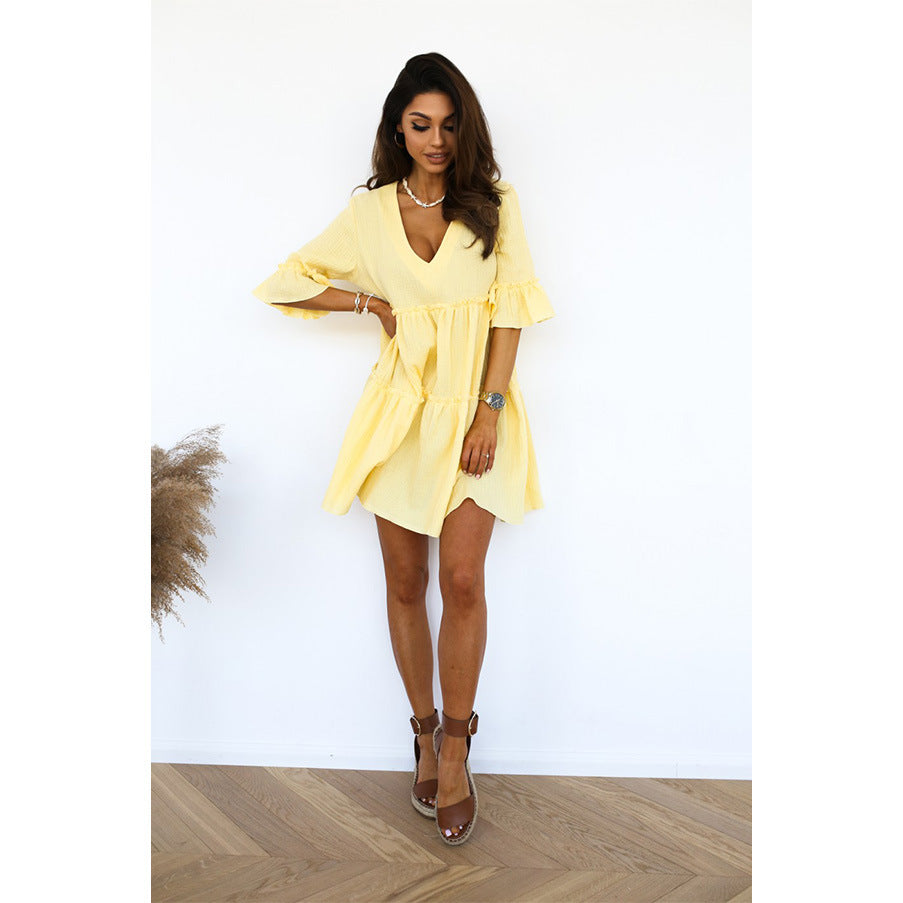 Ladies wrap dress with voluminous ruffle details and V-neck Lune London