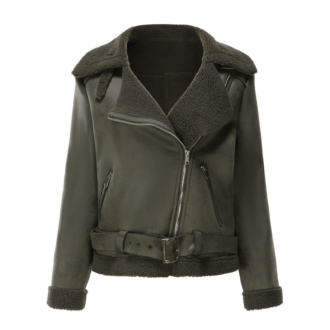Sheepskin jacket for women with asymmetric zipper and belted waist Lune London