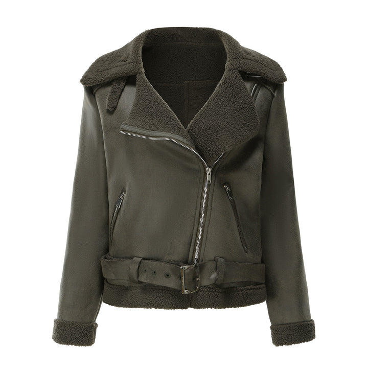 Sheepskin jacket for women with asymmetric zipper and belted waist Lune London