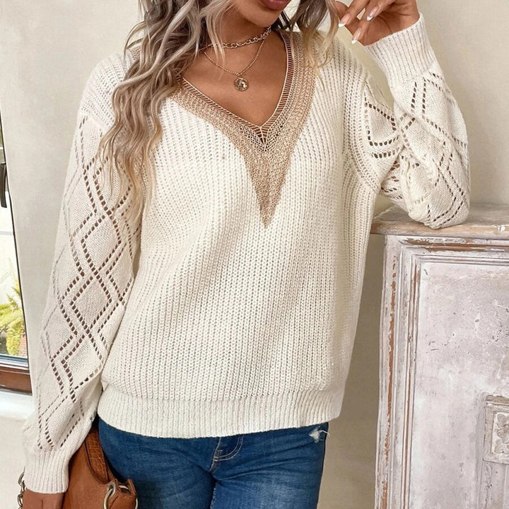 Knitted sweater for women with a refined crochet neckline Lune London
