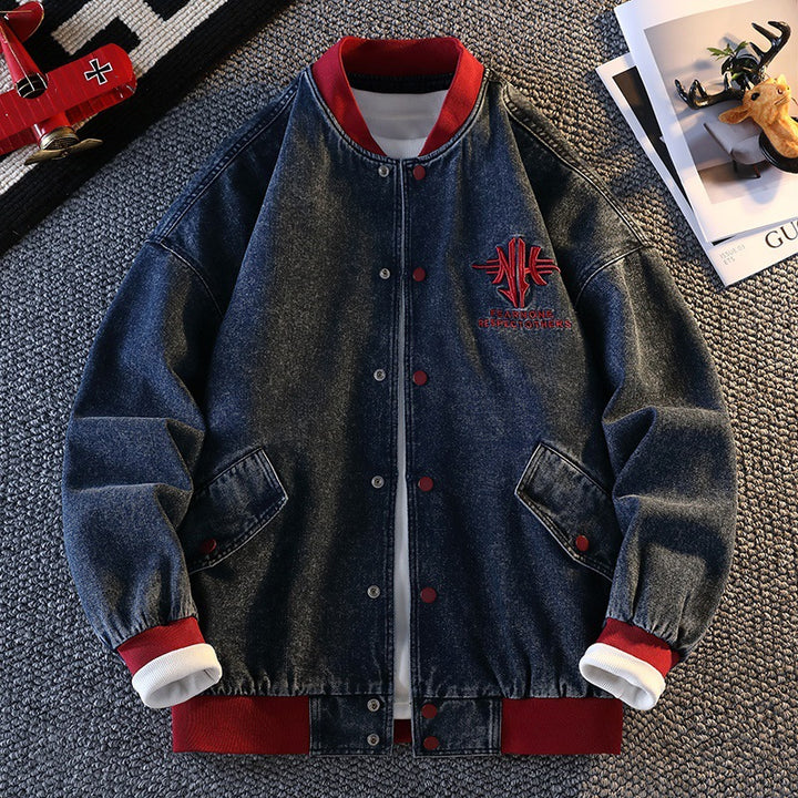 Men's casual denim jacket with university style and embroidered Lune London logo