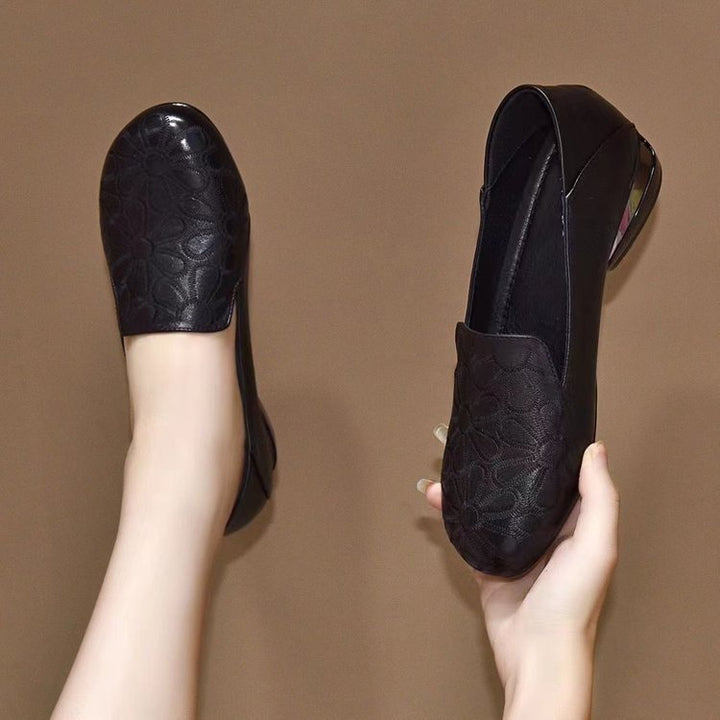 Women’s slip-on heeled ankle boots in leather with floral pattern Lune London