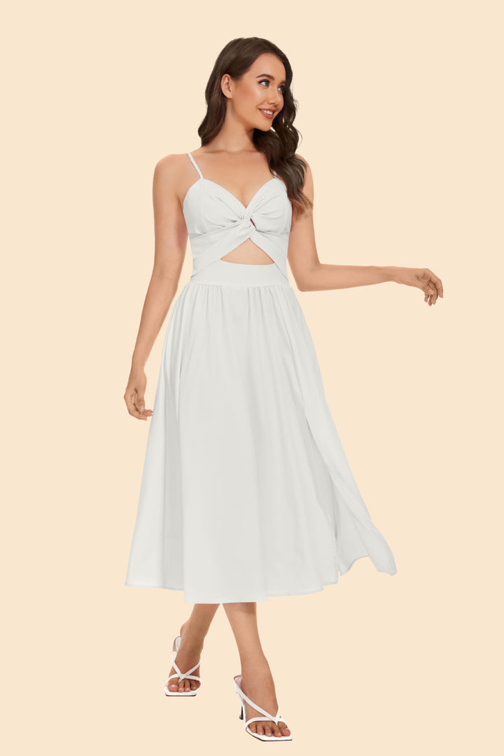Women's two-piece ensemble with elegant knot-free blouse and flowing skirt with slit Lune London