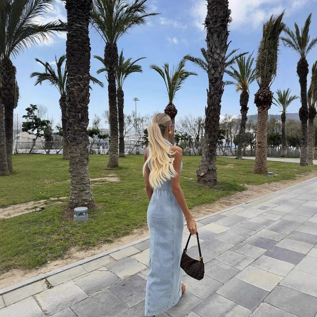 Maxi denim dress for women with button placket and high collar Lune London