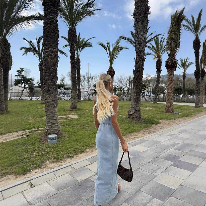 Maxi denim dress for women with button placket and high collar Lune London