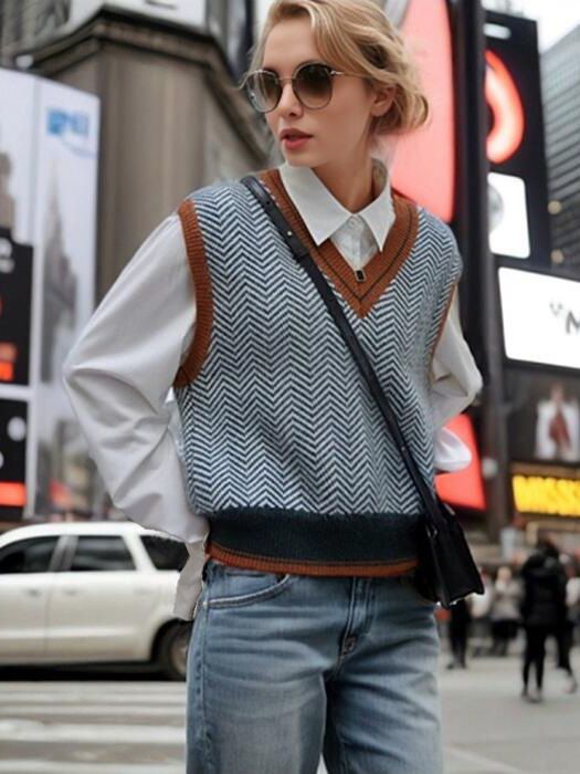 Knitted sweater for women with a V-neck and modern zigzag pattern Chic and Style