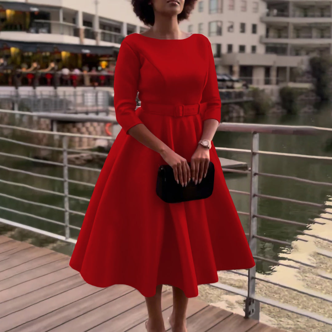 Elegant A-line dress for women with belt and ¾ sleeves Lune London
