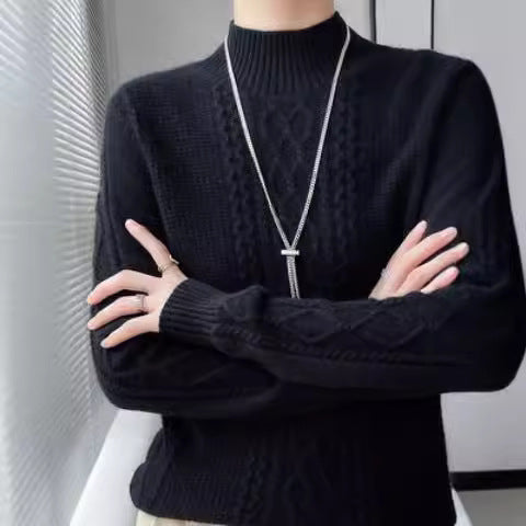 Womens knitted sweater with an elegant cable pattern and a high closed collar Lune London