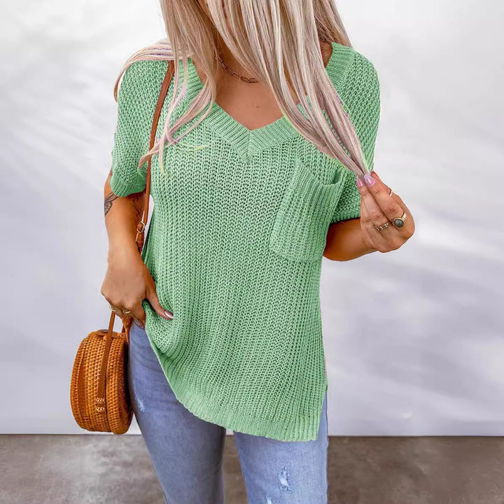 Pull en tricot décontracté pour femmes avec col en V et poches Chic & Stil