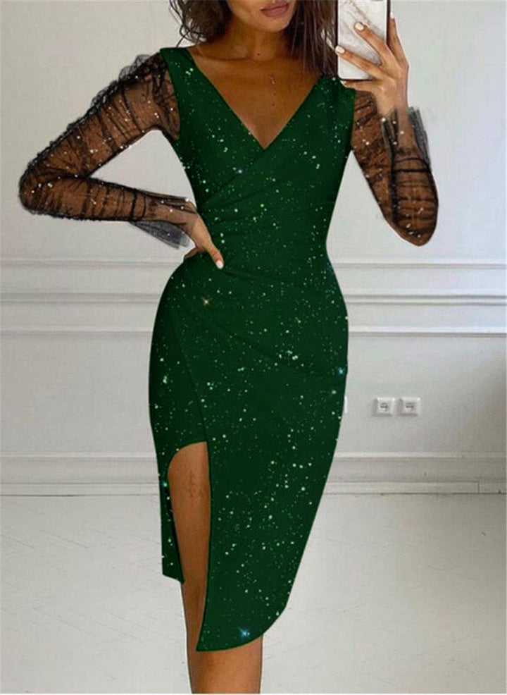 Ladies Elegant Wrap Dress with Transparent Sleeves and Shimmering Star Pattern Lune London