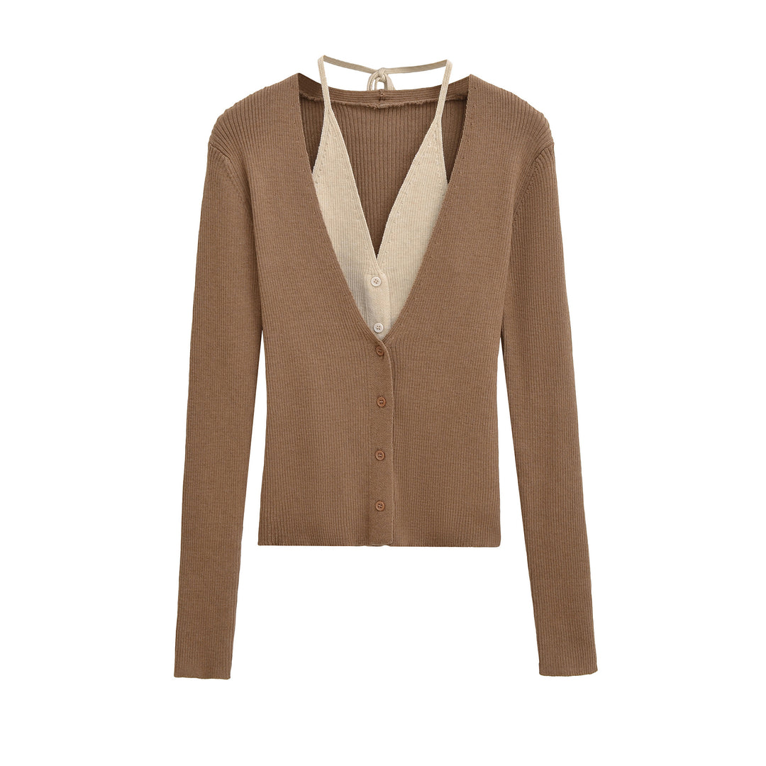 Ladies elegant knitted cardigan with deep V-neck and contrasting lining Lune London