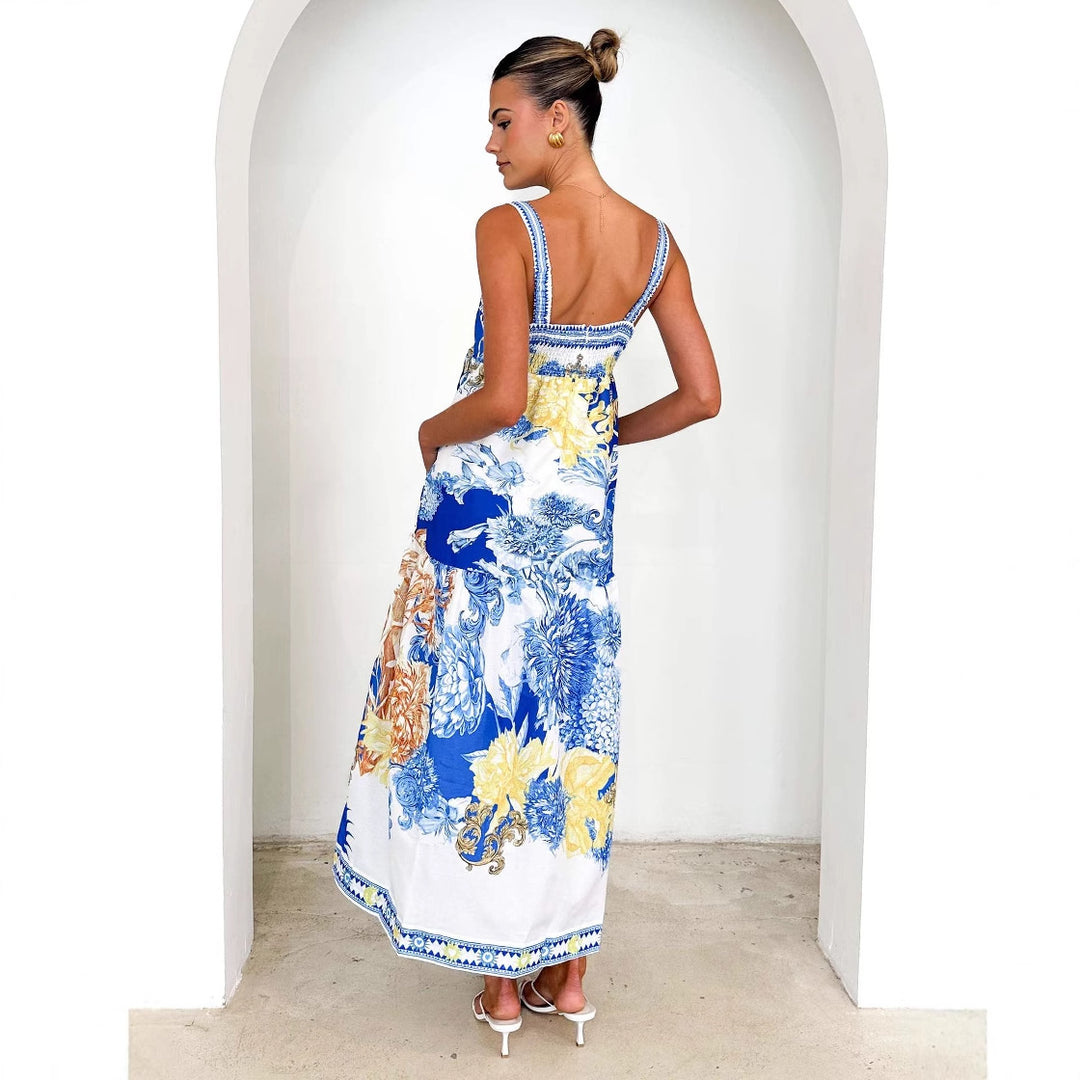 Women's Maxi Beach Dress in Floral Design with Adjustable Spaghetti Straps
