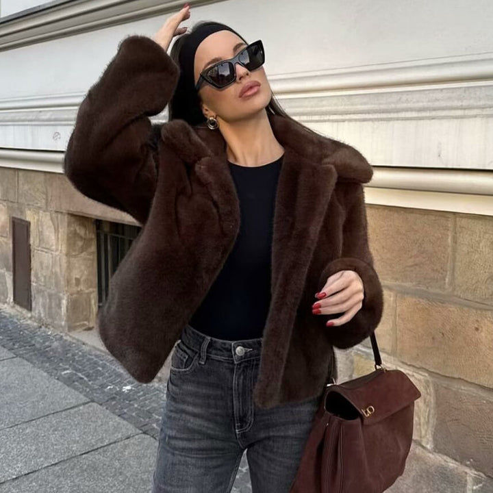 Faux fur jacket for women with elegant high collar and soft inner lining Lune London
