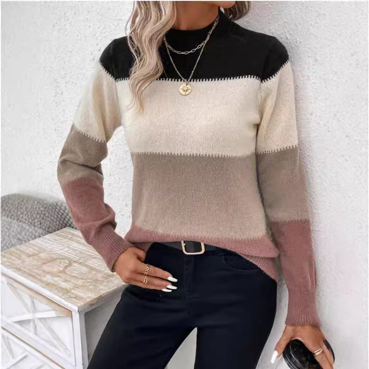 Lune London | Women's fashionable knitted sweater with trendy block stripes and standing collar