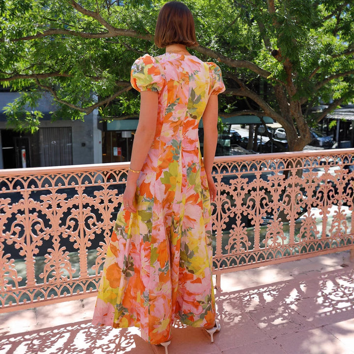 Chic & Stil V neck maxi dress with puff sleeves