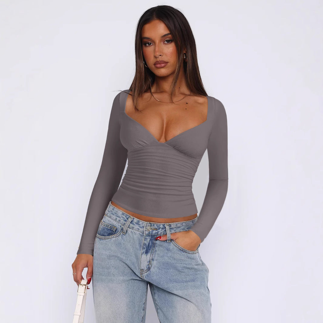 Women Fitted Long-Sleeve Top with V-Neckline and Gathers Lune London