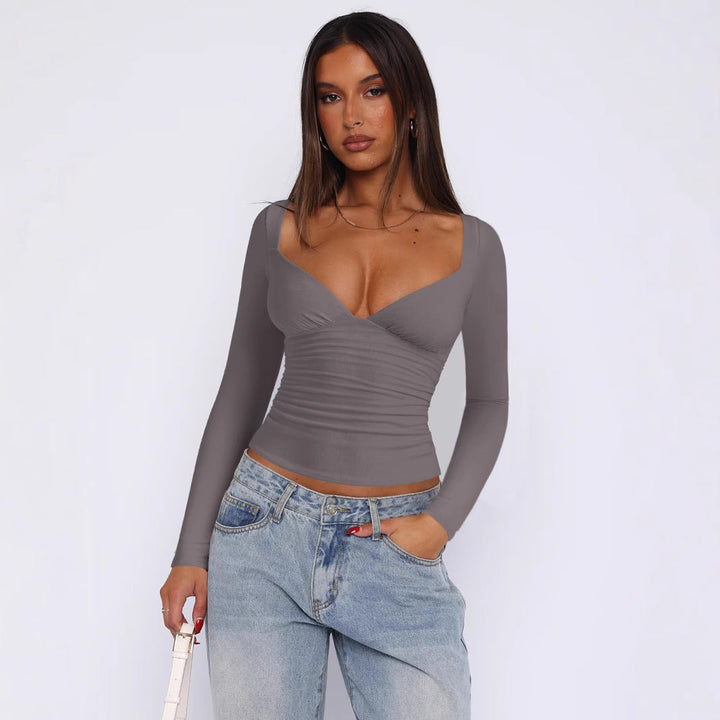 Women's Fitted Long-Sleeve Top with V-Neck and Ruching Lune London