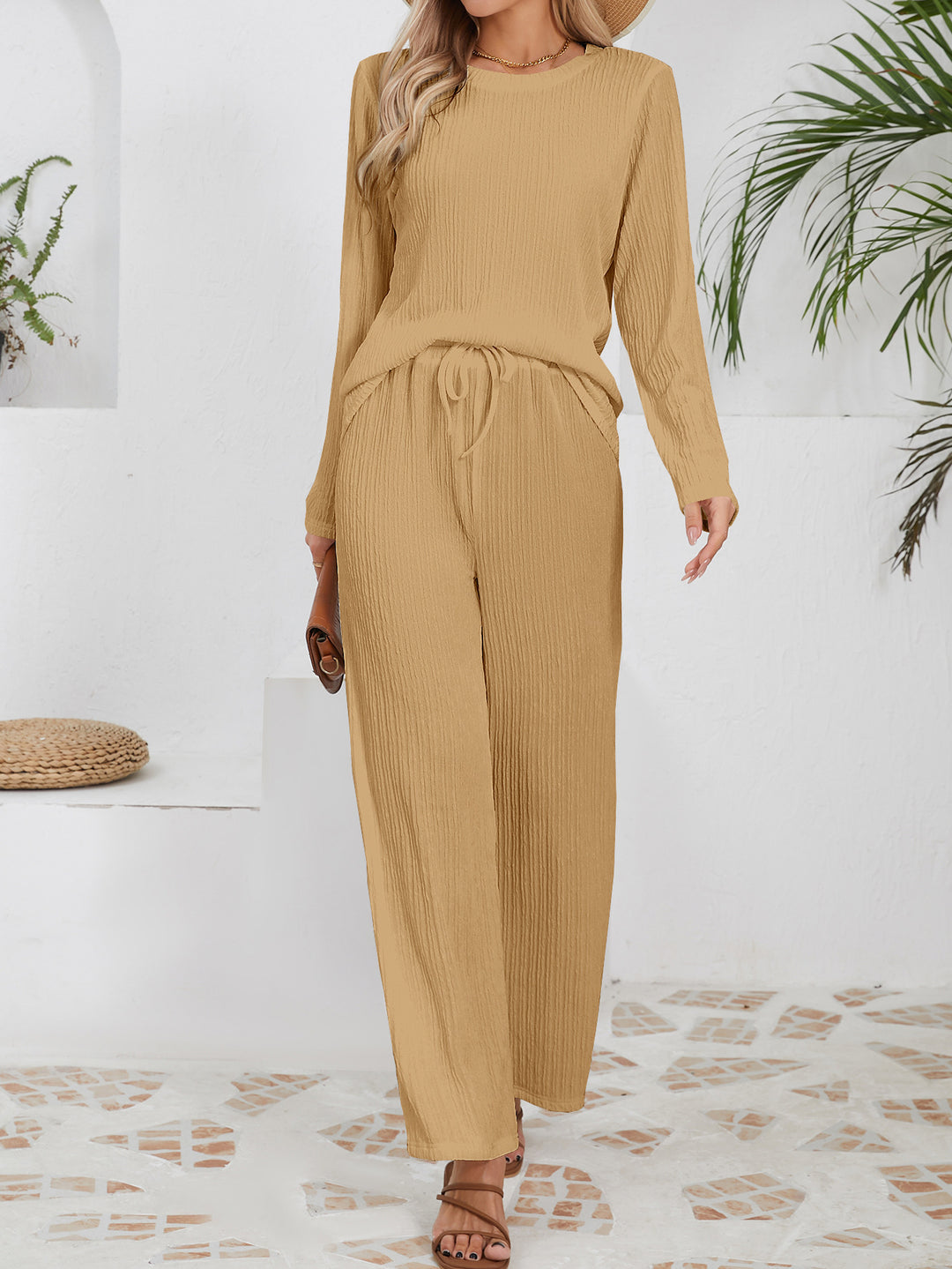 Ensemble décontracté confortable pour femmes avec texture côtelée et taille élastique Chic & Stil
