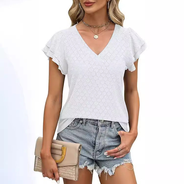 V-neck women's T-shirt with ruffle details Lune London