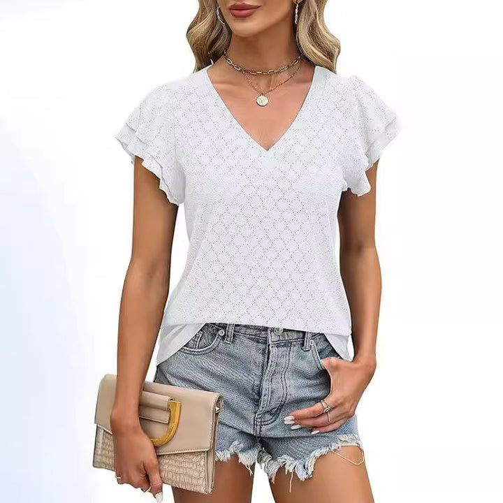 V-neck women's T-shirt with ruffle details Lune London