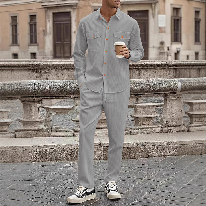 Casual striped outfit for men with modern button details and practical pockets Lune London
