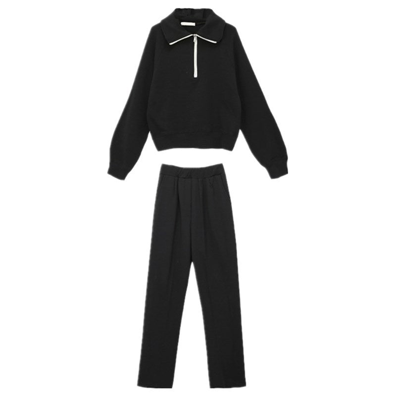 Women's sporty two-piece set with casual collar and wide pants