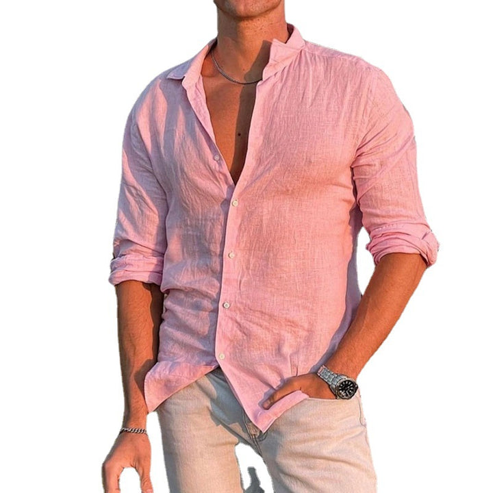 Linen shirt for men with modern stand-up collar and casual button placket Lune London
