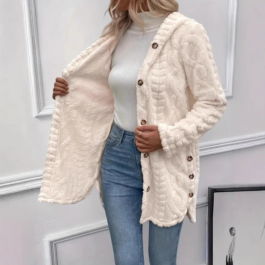 Fuzzy jacket for ladies with hood and button closure Lune London