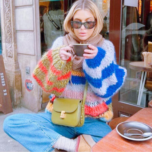 Women Chunky Knit Sweater with Colorful Cable Pattern and Loose Fit Lune London