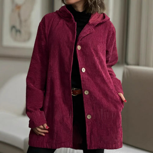 Ladies Cozy Corduroy Jacket with Hood and Button Closure Lune London