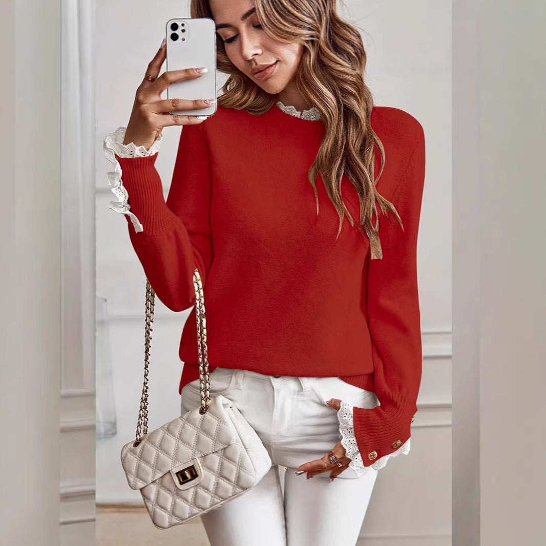 Pull fin pour femmes avec des manches en dentelle décoratives et des détails de bouton élégants Chic & Stil