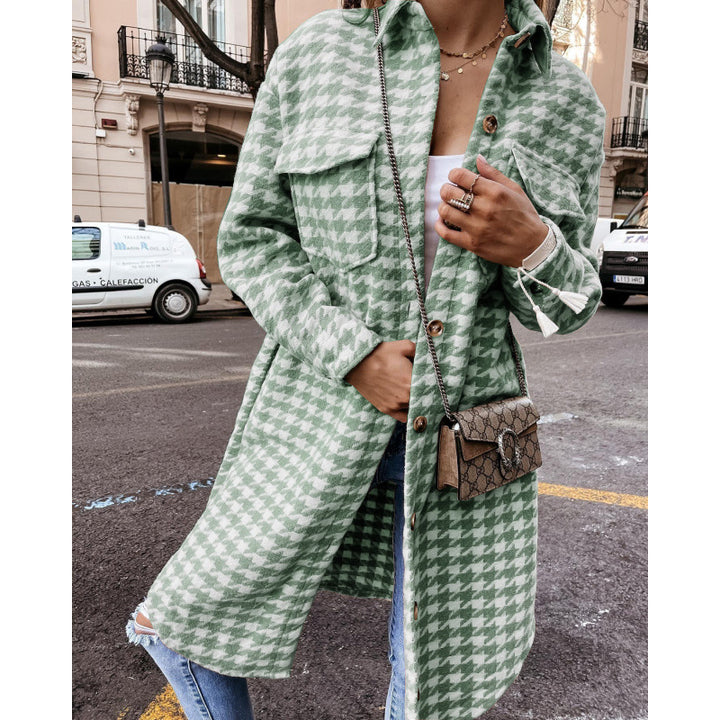 Women Oversized Houndstooth Print Shirt Jacket Lune London