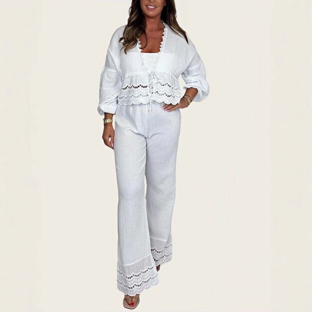Women Two-Piece Set with Crochet Accents and Chic Loose Fit