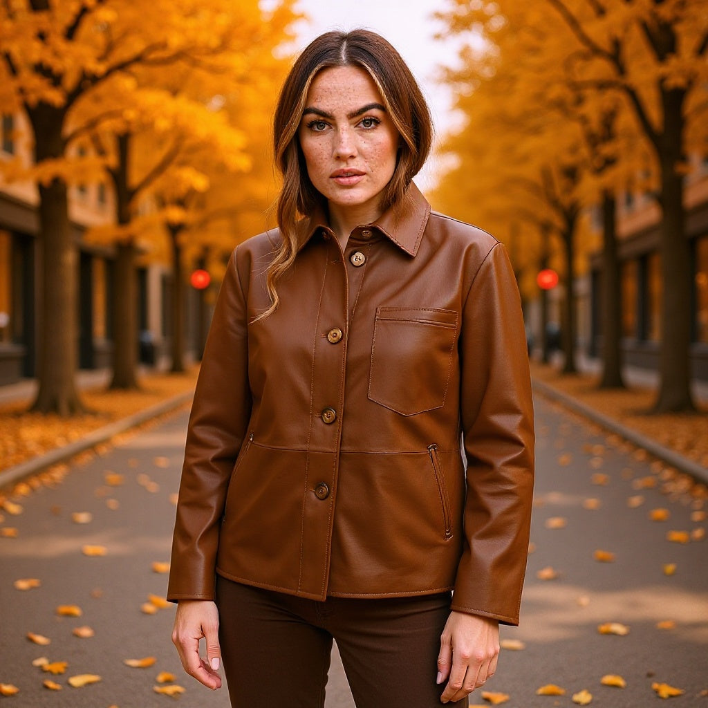 Veste en cuir synthétique pour femmes avec boutons contrastés et poche poitrine Chic & Stil