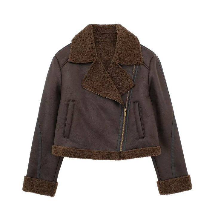 Casual biker jacket for women with a soft faux fur collar and practical pockets Lune London