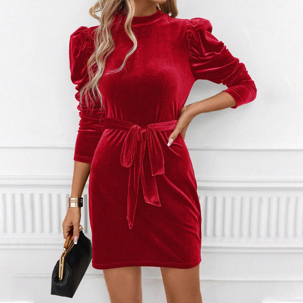 Elegant mini velvet dress for women with bow belt and sophisticated puff sleeves Chic & Stil