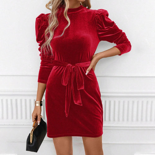 Robe mini en velours élégante pour femmes avec ceinture à nœud et manches bouffantes sophistiquées Chic & Stil