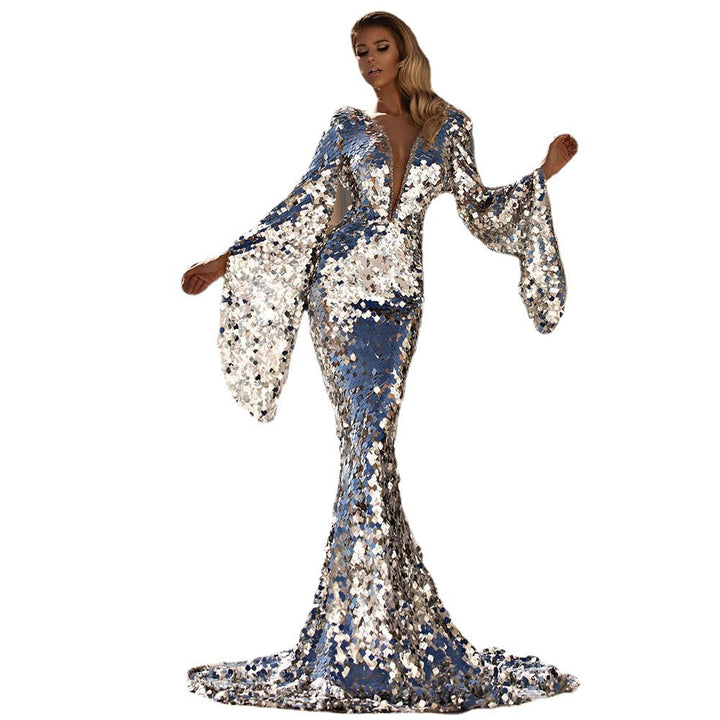 Women's Glamorous Sequin Evening Dress with Deep V-Neck and Long Sleeves Lune London
