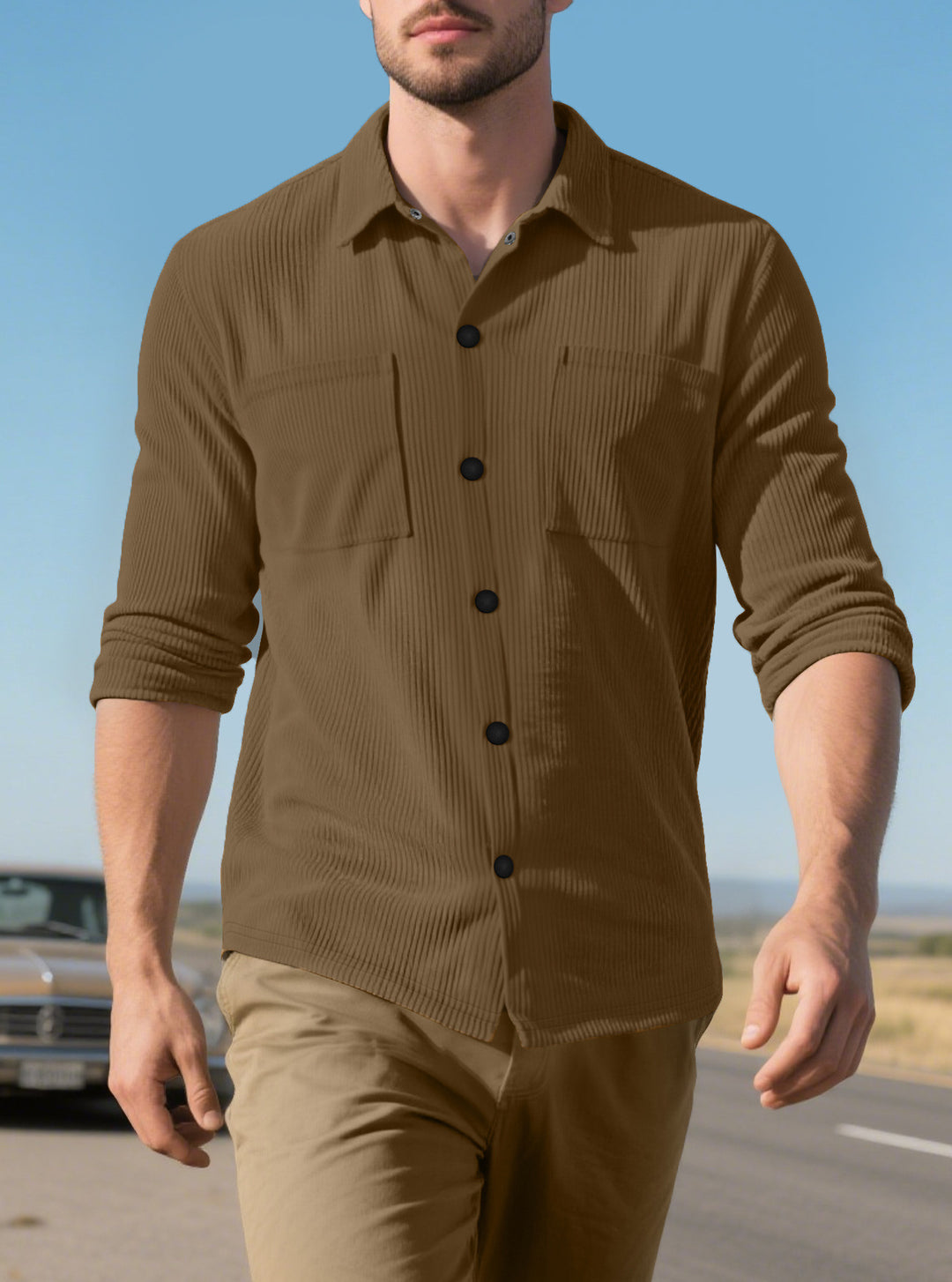 Men's long sleeve shirt with textured corduroy pattern and practical chest pockets Lune London