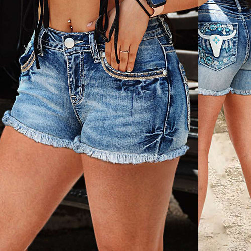 Women's jeans shorts with floral details and frayed hems