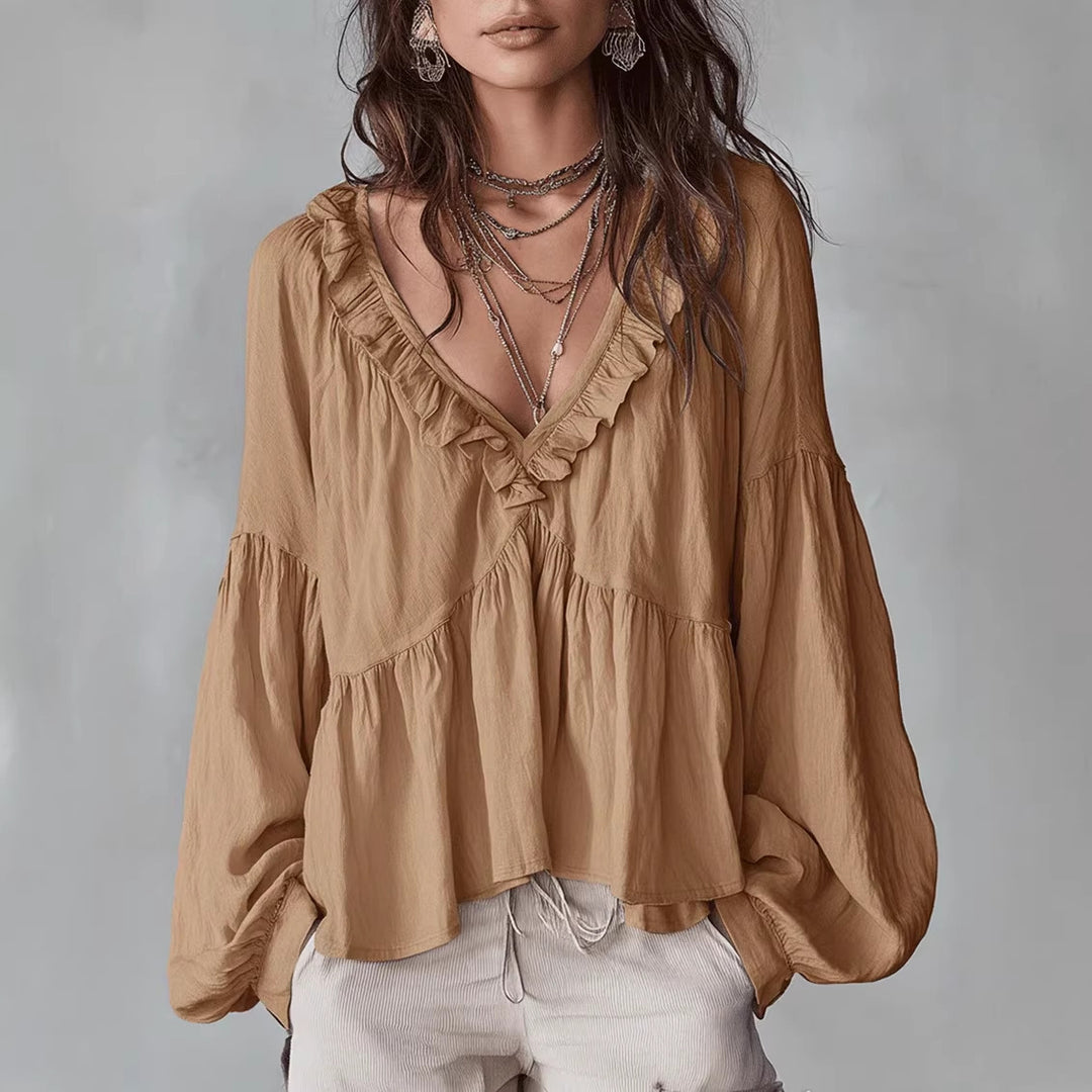 Women's Flowing Top with Ruffled Details and V-Neck Lune London