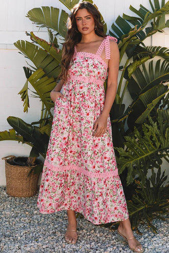 Maxi dress for women with floral patterns and playful lace insert Lune London