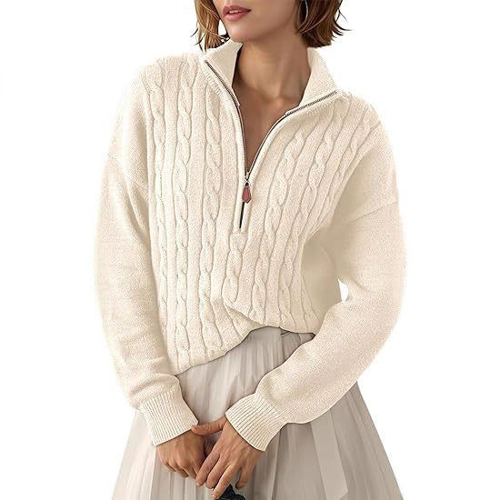 Chunky knit sweater for women with high collar and half-zip Lune London