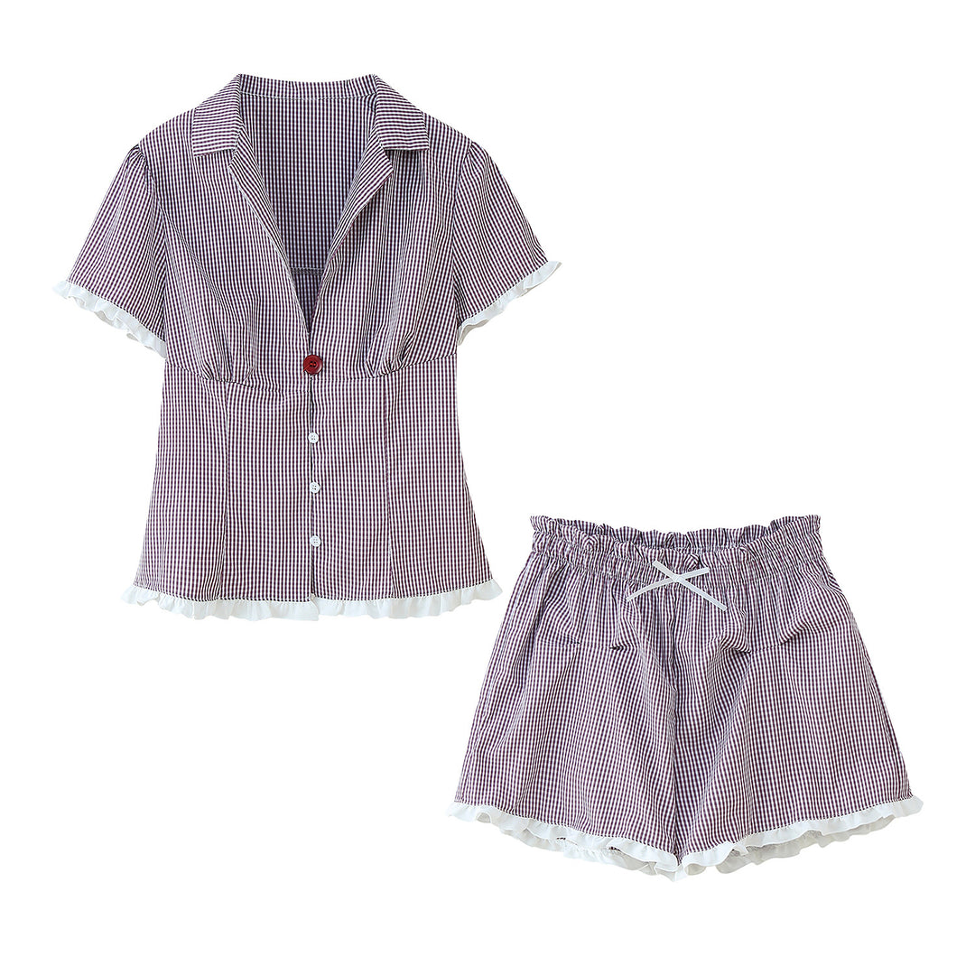 Women's pajama set with ruffle details and button-up top Lune London