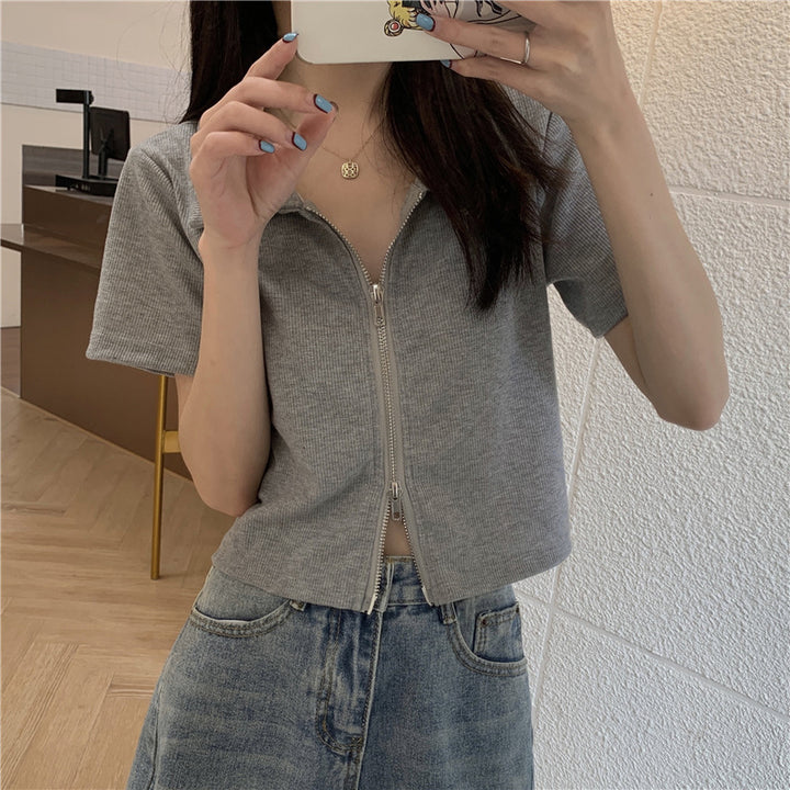 Women Cropped Polo Shirt with Zipper and Textured Finish Lune London